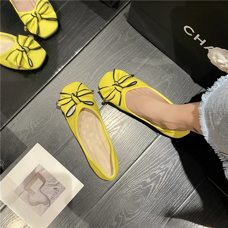 2023 г., Нова есенна универсална дамски обувки, лоферы, жълти обувки на плоска подметка с лък, дамски Ежедневни обувки, дамски балет апартаменти 1