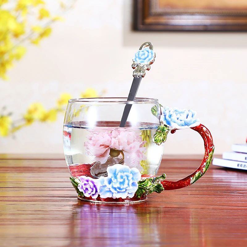 Божур цвете эмалированная чаша кристалното стъкло с капак, чаша домакински чаена чаша кафе, чаша за Празничен подарък на приятели Битови чаши за кафе 1