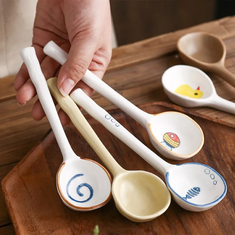 Ins Стил Керамична лъжица за супа в японски стил, керамична лъжица, Лъжица с дълга дръжка, Битови сладки творчески Лъжици ориз 1