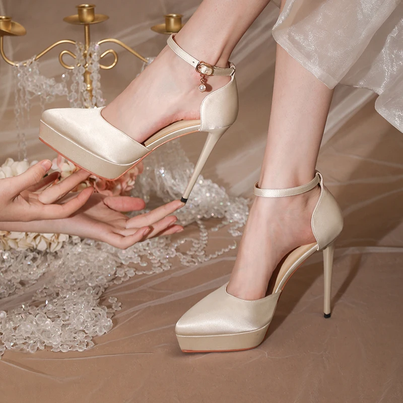Женските сватбени обувки с каишка на щиколотке на една пуговице, Новост 2022 година, обувки-лодка на висок ток 12 см цвят шампанско, водоустойчив Сандали за булката в платформата 1