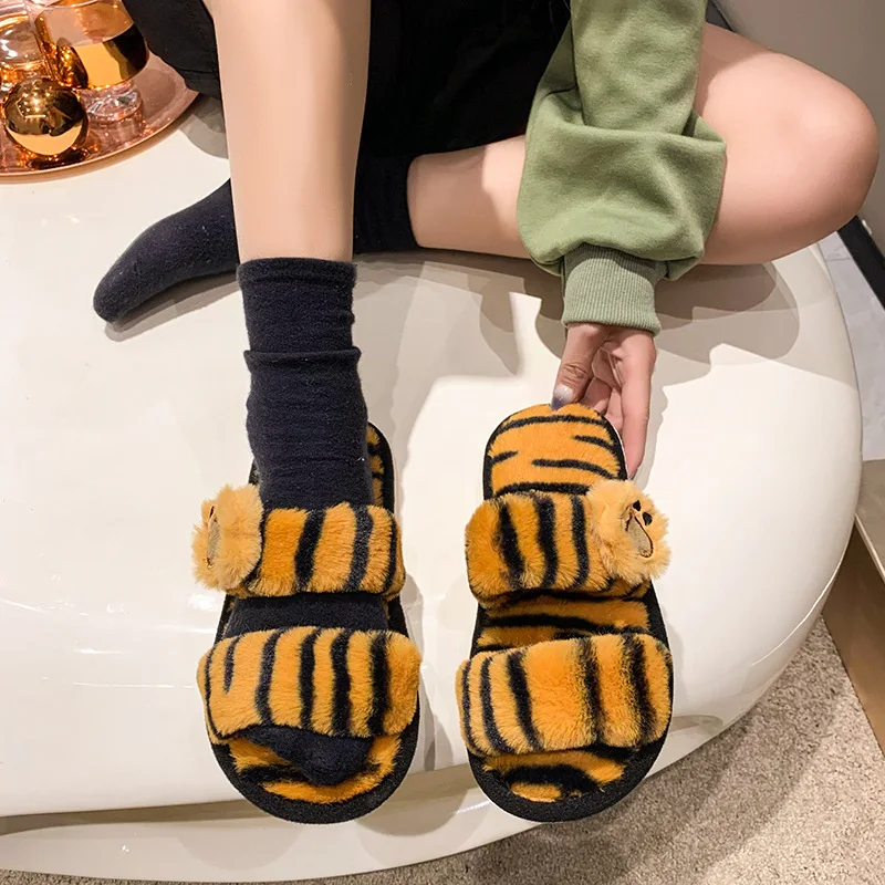 Готови домашни Вълнени пантофи с шарени Лапи на Тигър, женски Нови Зимни Модни Топли памучни обувки с отворени пръсти 1