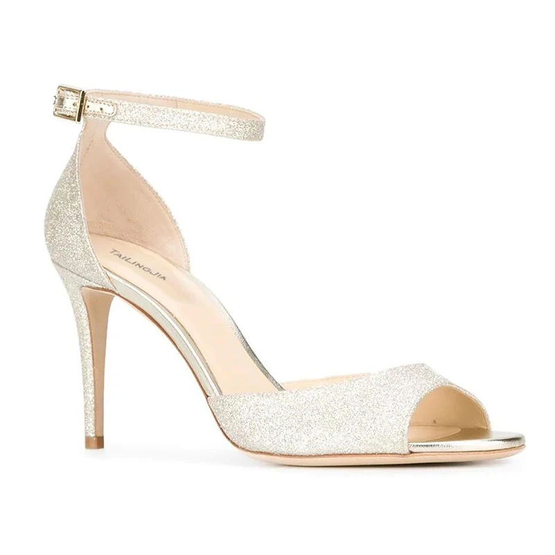 Дамски сандали 2022 г., сватбени обувки на висок ток с пайети, летни обувки на ток с отворени пръсти, дамски сватбени обувки на ток с каишка на щиколотке 1