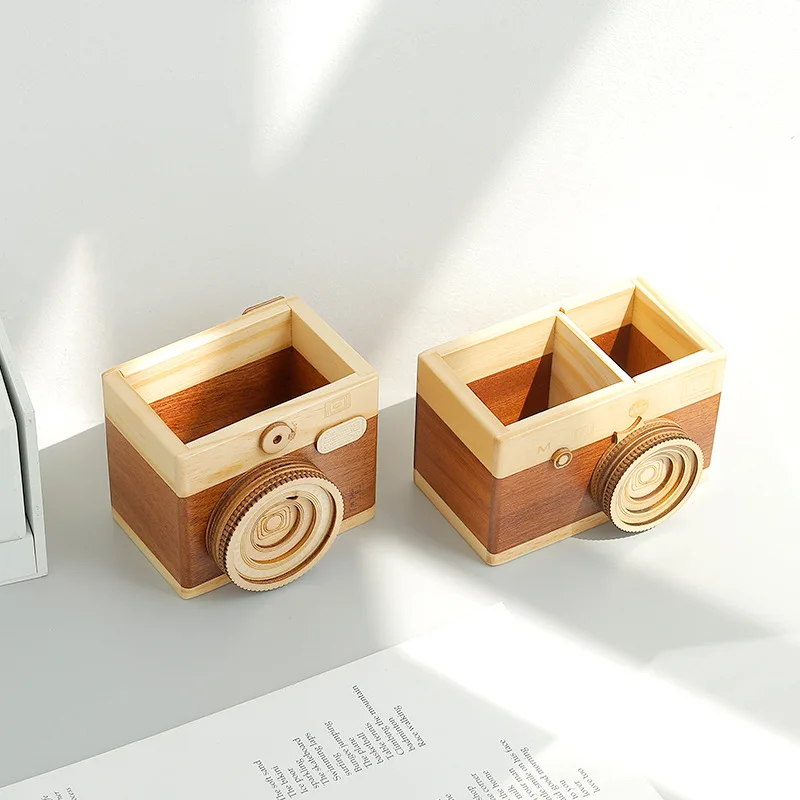 Нов креативен дървен държач за писалка за фотоапарати, Домашен офис маса, индивидуално украса, кутия за съхранение на четки за грим 1