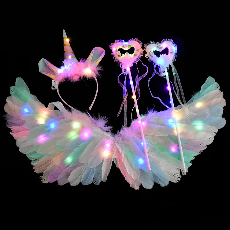Цвят на светодиодите Ангел перо крила за момичета Еднорог, Halo превръзка Фея нож светлинна подпори cosplay партия костюм, светещи аксесоари 1