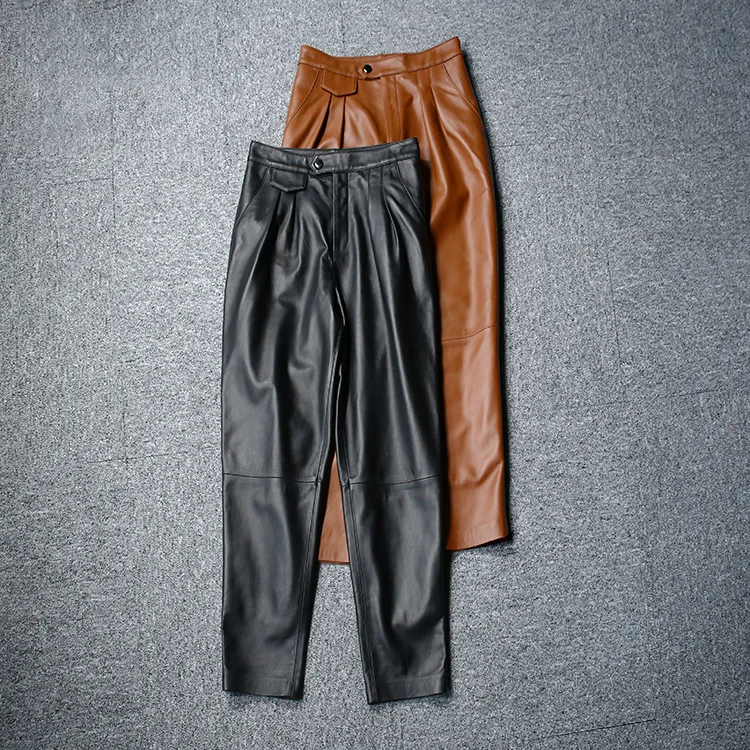 Есенни дамски кожени панталони-молив с висока засаждане, модерни ежедневни панталони от естествена кожа C438 1