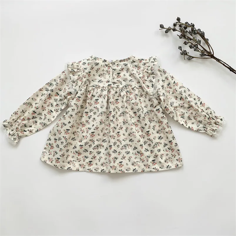 Риза с цветен модел за момичета, дрехи, Пролет-есен, кръгла яка, детска блуза с дълги ръкави и набори, дантелени блузи за бебета, бебешки пуловери 1
