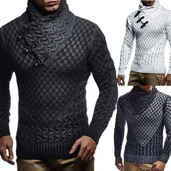2021 Европейски и Американски Мъжки Пуловер Вязаный Пуловер Модерен Тънък Пуловер с Висока Воротом 0