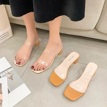 2021 нови прозрачни сандали, дамски сандали на дебелите обувки на среден ток и чехли дамски универсални темпераментни обувки на високи токчета женски
