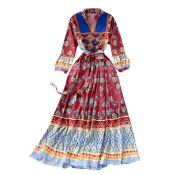2021 Пролет-есен богемное женствена Рокля в етнически стил, ретро рокля с V-образно деколте и дълги ръкави и Принтом, Дебнещ Рокля дантела