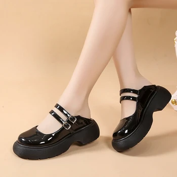 2022 г. Пролетно-есенни нови малки кожени обувки Mary Jane в дебела подметка в британски стил с кръгла пръсти, обикновен дамски обувки с катарама 2