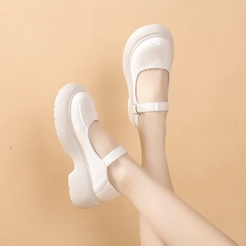2022 г. Пролетно-есенни нови малки кожени обувки Mary Jane в дебела подметка в британски стил с кръгла пръсти, обикновен дамски обувки с катарама 3