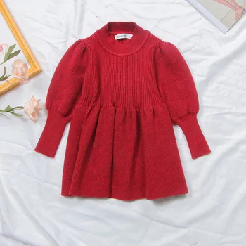 2022 Есен Ново Вязаное рокля за момичета, детски Вязаное Рокля-пуловер принцеса, с Дълъг Ръкав за малки момиченца, Голямото Червено плиссированное обличам 12 м-4 м