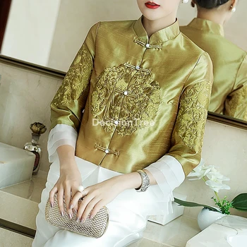 2022 женски костюм тан, блузи, традиционен китайски стил, бродирани топ, сатен риза чонсам с ръкав, женски празничен топ ципао