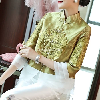 2022 женски костюм тан, блузи, традиционен китайски стил, бродирани топ, сатен риза чонсам с ръкав, женски празничен топ ципао 1
