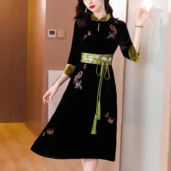 2022 женски подобряване на бархатное рокля ципао традиционното китайското елегантна източното вечерна рокля с винтажной цветна бродерия рокли