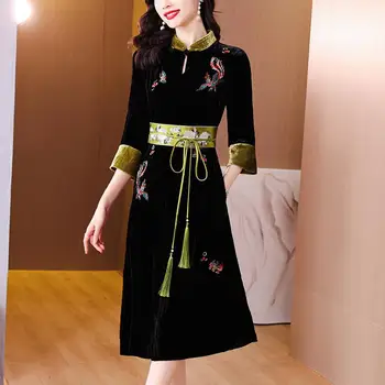 2022 женски подобряване на бархатное рокля ципао традиционното китайското елегантна източното вечерна рокля с винтажной цветна бродерия рокли 2
