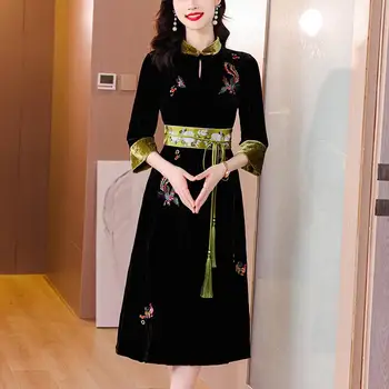 2022 женски подобряване на бархатное рокля ципао традиционното китайското елегантна източното вечерна рокля с винтажной цветна бродерия рокли 3