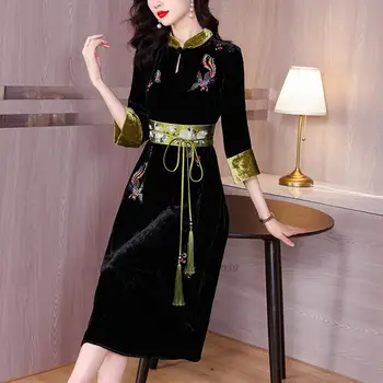 2022 женски подобряване на бархатное рокля ципао традиционното китайското елегантна източното вечерна рокля с винтажной цветна бродерия рокли 4