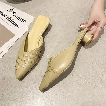 2022 Летни дамски обувки с отворени пръсти, връхни дрехи Baotou, Дамски обувки Мюлер на малкия дебел ток, тъкани чехли с остри пръсти, женски