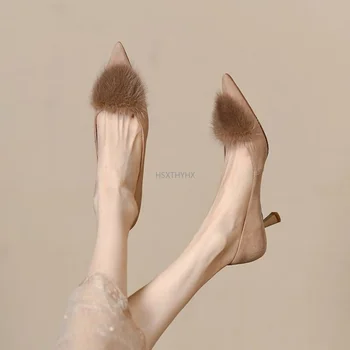 2022 Модерни Ежедневни Есенни нови тънки обувки от Плюш с остри пръсти, Обикновен дамски обувки на висок ток с отворени Пръсти, Zapatos Mujer