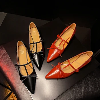 2023 г. пролетни дамски обувки-лодка от естествена кожа с дължина 22-24,5 см от телешка кожа + свинска кожа с остри пръсти на ниски обувки Mary Jane 5