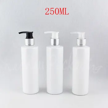250 мл Бяла пластмасова бутилка с плосък рамо, 250 cc за разлив козметика, бутилка за опаковки шампоан / лосион (25 бр. / лот)