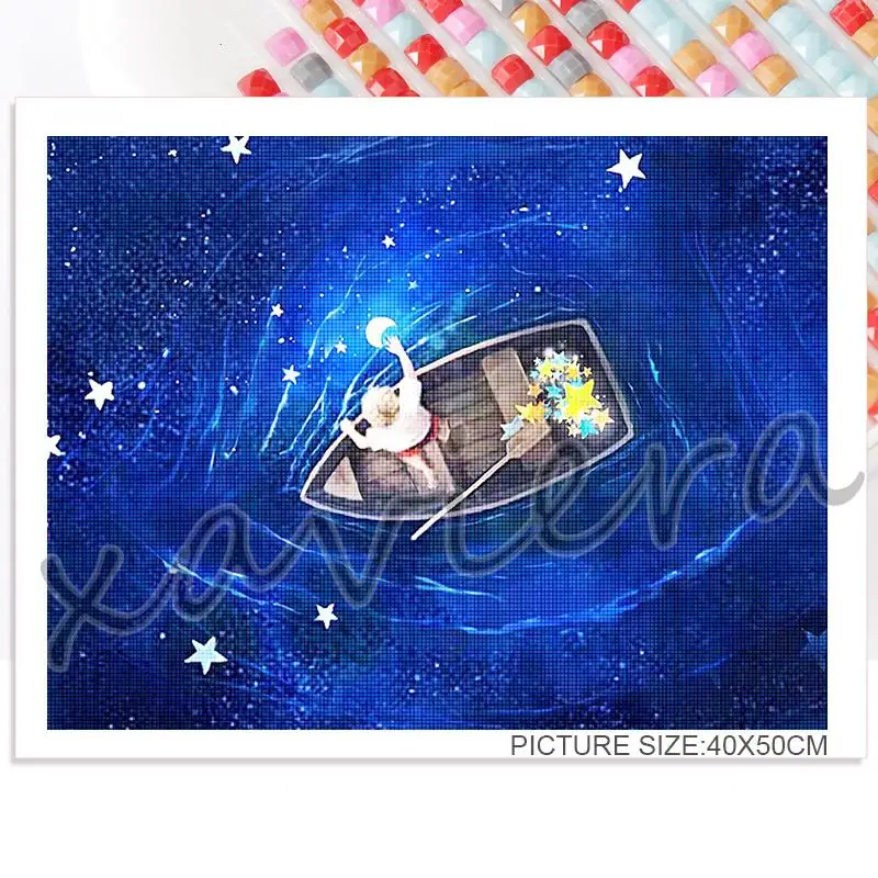 5D Картина на Диамантена Луна Stellar Нощна Сцена Мультяшная Бродерия Дете Лодка Планински Кристал, Мозайка Бродерия на кръстат бод за Декор на Детска Стая 2