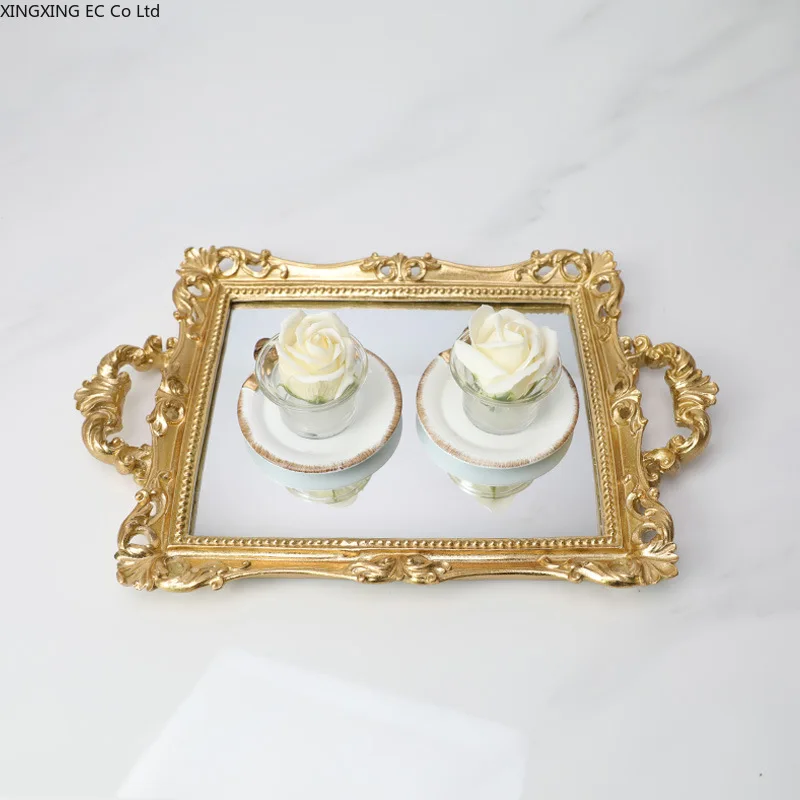 Европейски Стил Ретро Занаят Издълбани Плодов Тава Чаен Поднос Златен Печат На Стъкло Двойно Ушное Огледало За Съхранение На Бижута Тава Стъклена Тава 2