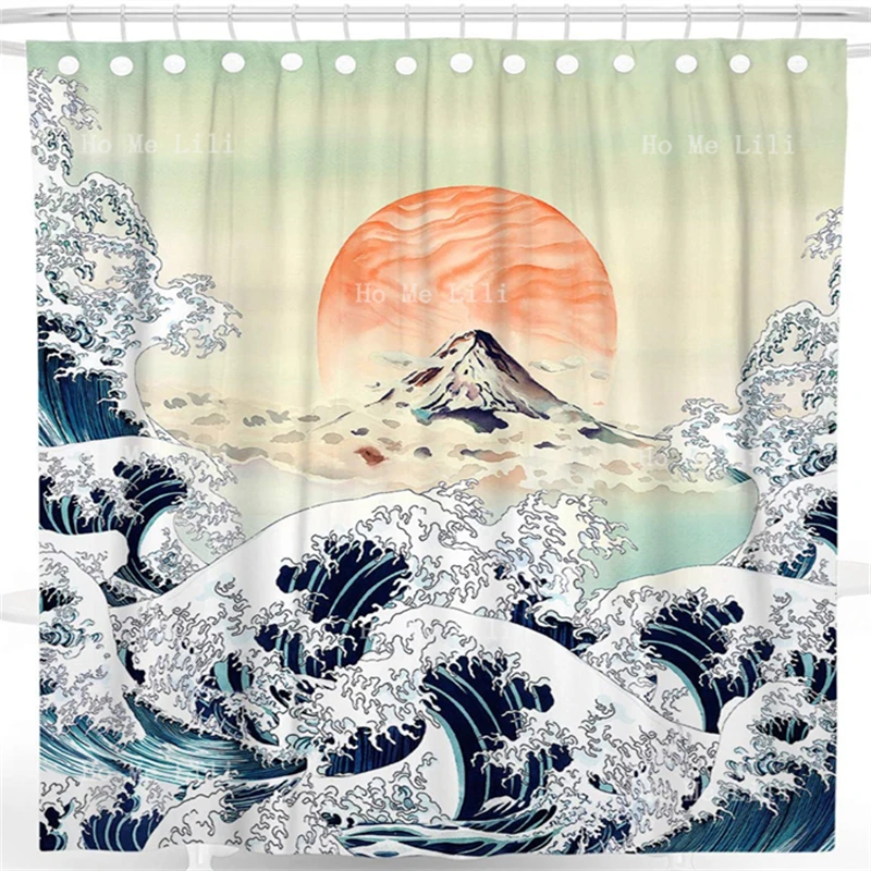 Японската Планинска Вишнев Цвят Залез Забавна Котка Акула Весел Океана Канагава Голямата Вълна На Аниме Изкуството Завеса За Душ 2