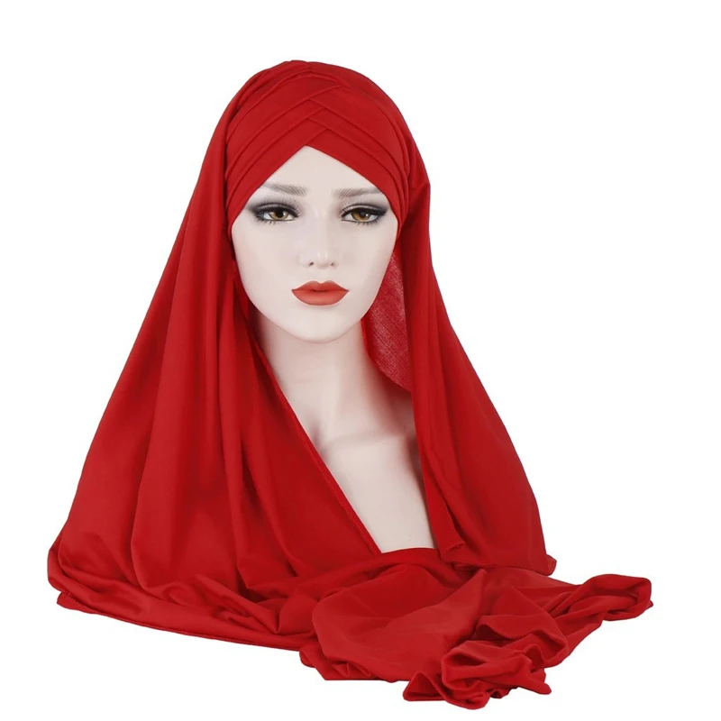 Нова Мода Жените Мек Прост Памук Челото Кръстосани Коса Амбалажна Хартия Шал От Плътен Цвят Hijabs Мюсюлмански Тюрбан Шалове 2