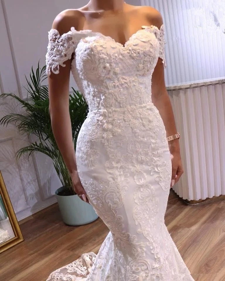 Сватбени рокли на Русалка с открити Рамене Vestidos De Новия С Аппликацией във формата на Сърце, Тюлевые Вечерни Сватбени рокли 2