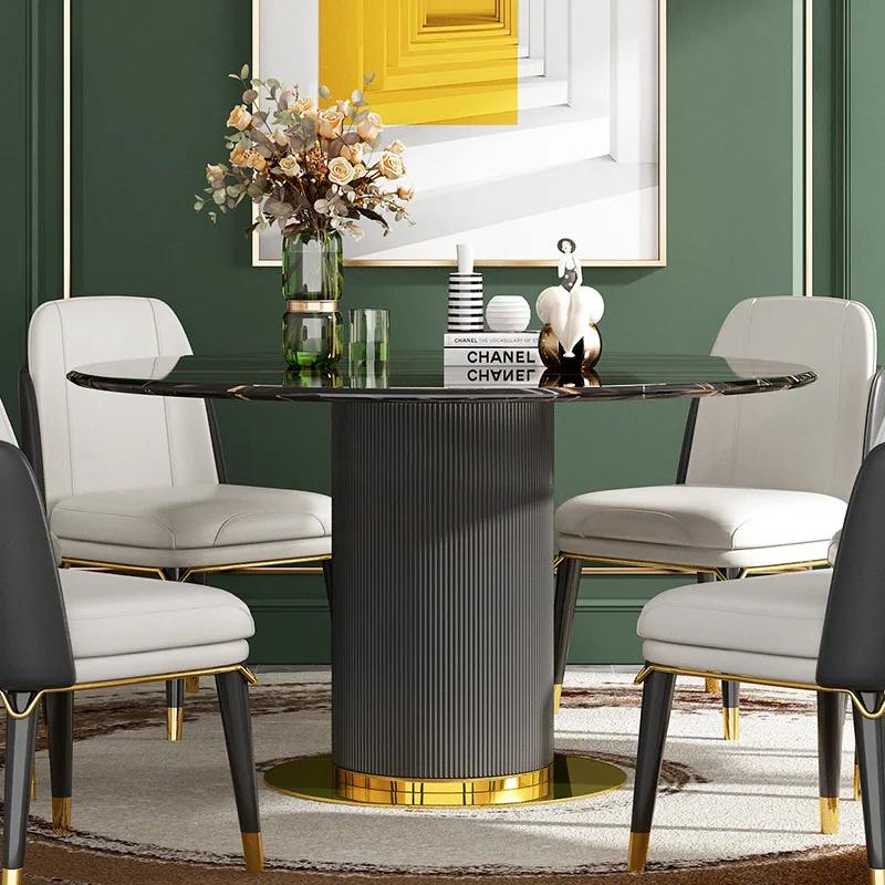 Светъл луксозна мраморна маса за хранене и столове комбинация от самото начало на кръгла маса за хранене и масата за хранене 2