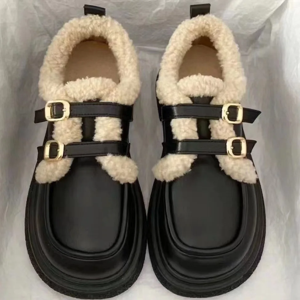 Дамски обувки от мека плюшени на кожата в британския стил, зима 2022, Нова дамски Реколта обувки Mary Jane ' s с катарамата на колана си, памучен обувки на дебела подметка 2
