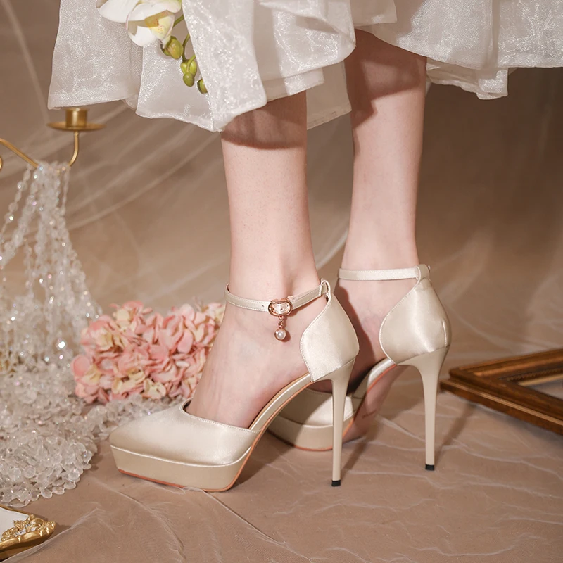 Женските сватбени обувки с каишка на щиколотке на една пуговице, Новост 2022 година, обувки-лодка на висок ток 12 см цвят шампанско, водоустойчив Сандали за булката в платформата 2