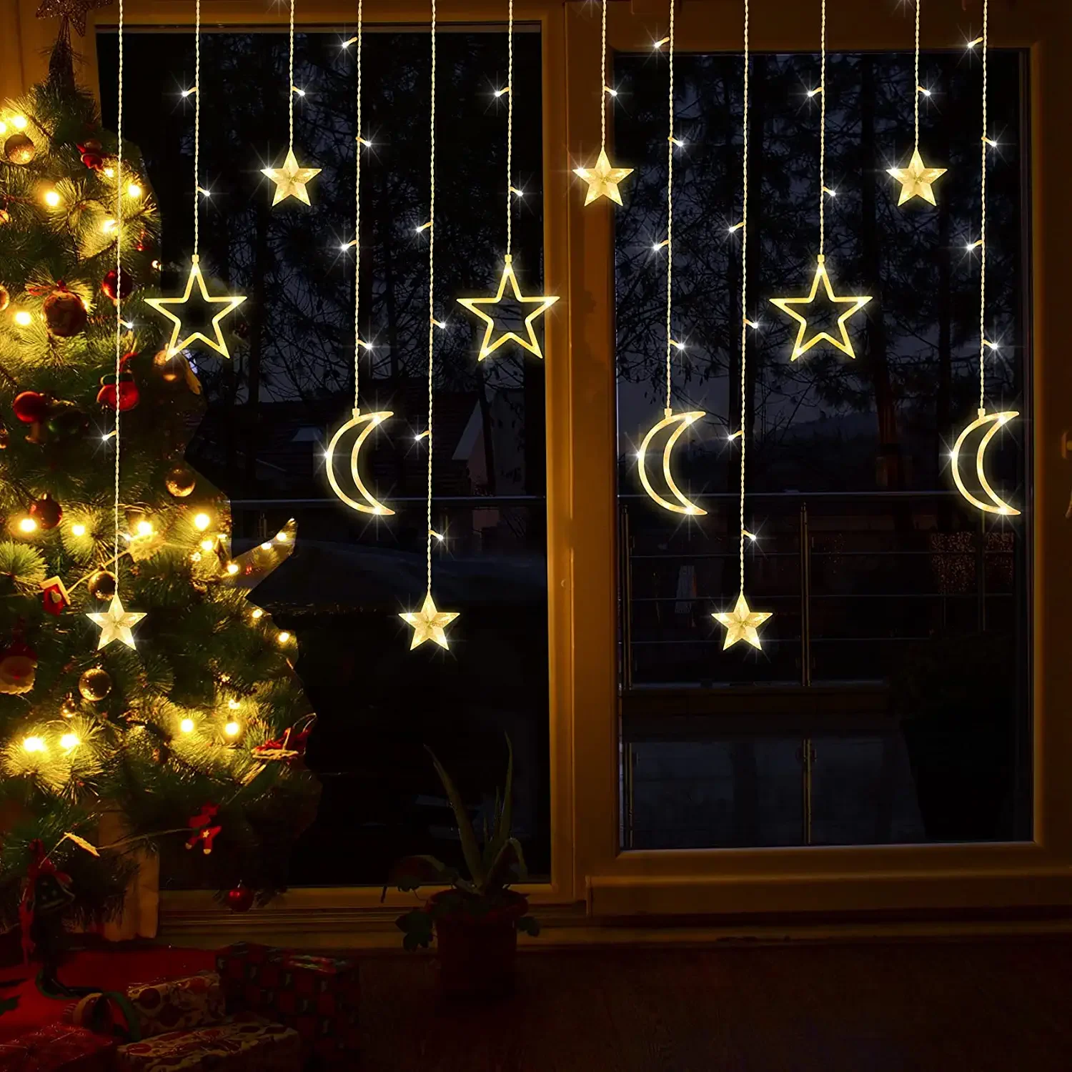 Коледен Лунен Звезден Прозорец Страхотна Струнен Лампа за Прозорец, Детска Спалня, Тераса, Предна Веранда, Къмпинг, Украса на Стаите в къща за Гости 2