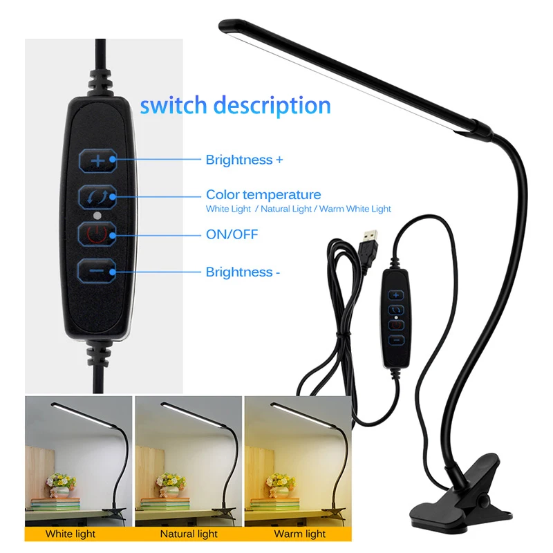 Светодиодна настолна лампа за защита на очите се захранва от USB, настолна лампа с клипсой, настолна лампа с ключ, 9-степенна настройка на яркостта за четене 2