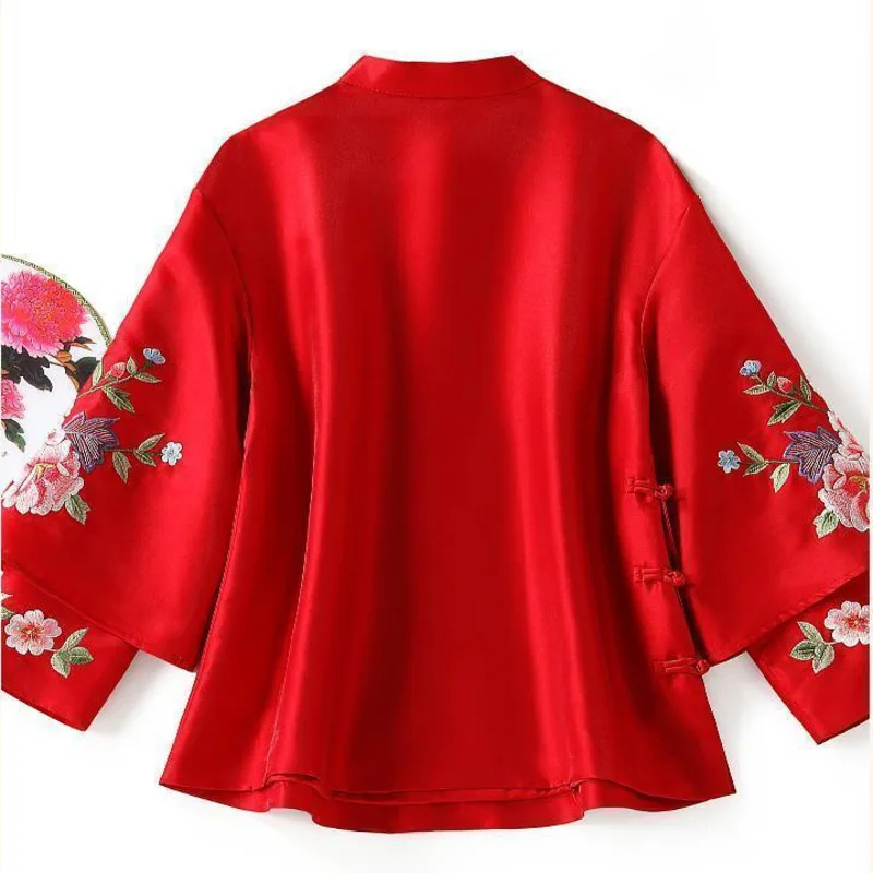 Жените 2022 Есен Етнически Стил Тан Костюм, Палто Реколта Harajuku Бродерия Китайски Червен Потник Блуза Елегантна Свободна Женска Риза 2