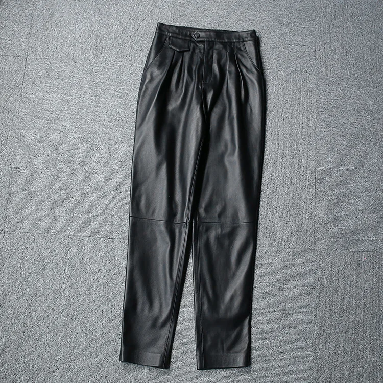 Есенни дамски кожени панталони-молив с висока засаждане, модерни ежедневни панталони от естествена кожа C438 2