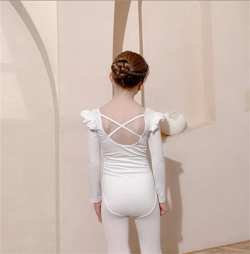 Бяла детска модерен балет дрехи с дълъг ръкав за изказвания, дрехи за страхотни танци за момичета, Цели облекло 3
