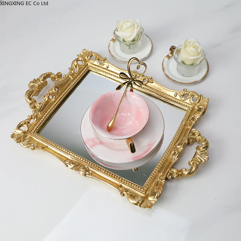 Европейски Стил Ретро Занаят Издълбани Плодов Тава Чаен Поднос Златен Печат На Стъкло Двойно Ушное Огледало За Съхранение На Бижута Тава Стъклена Тава 3