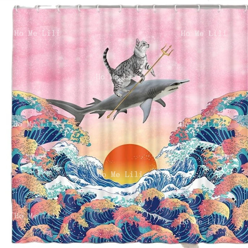 Японската Планинска Вишнев Цвят Залез Забавна Котка Акула Весел Океана Канагава Голямата Вълна На Аниме Изкуството Завеса За Душ 3