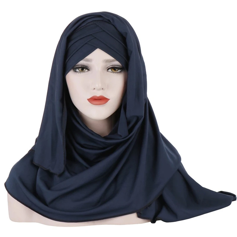 Нова Мода Жените Мек Прост Памук Челото Кръстосани Коса Амбалажна Хартия Шал От Плътен Цвят Hijabs Мюсюлмански Тюрбан Шалове 3