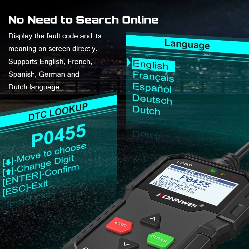 OBD 2 Авто Скенер и Автоматичен Инструмент за Диагностика KONNWEI KW590 Автомобил на Четец за кодове, авто OBD2 Скенер Поддържа на много марки Автомобили и езици 3