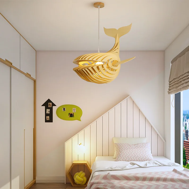 Модерна Китова Полилей в скандинавски стил, минималистичная Художествена дървена полилей за Ресторанта, Детска Стая, Висящ Кухненски лампа за детска стая 3