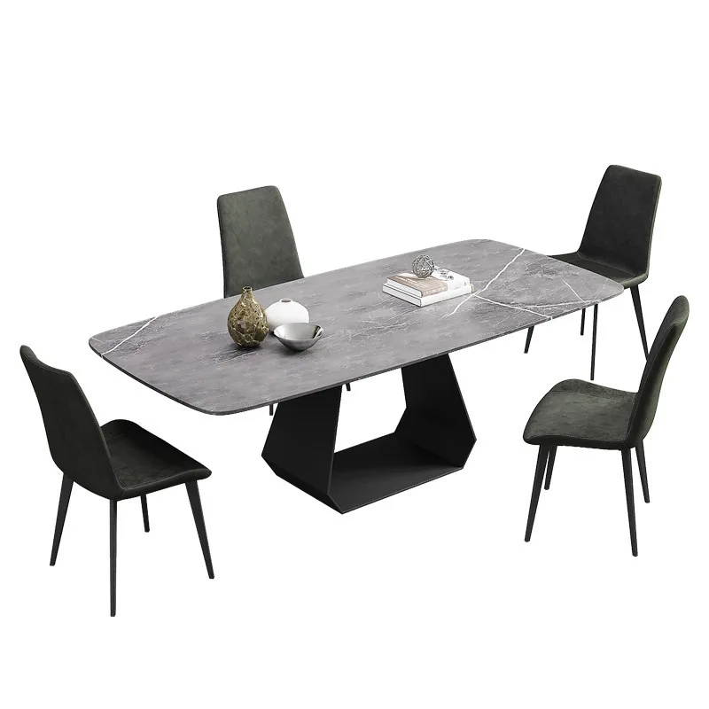 Маса за хранене е от каменни плочи проста правоъгълна лесен луксозна маса за хранене и столове от неръждаема стомана висок клас за вила 3