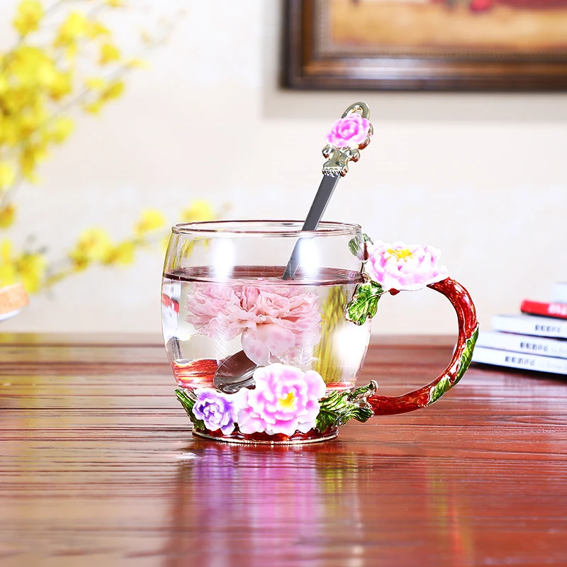Божур цвете эмалированная чаша кристалното стъкло с капак, чаша домакински чаена чаша кафе, чаша за Празничен подарък на приятели Битови чаши за кафе 3