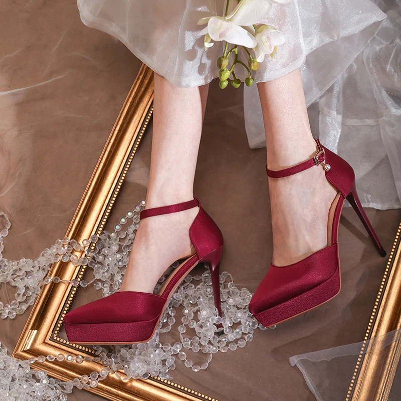 Женските сватбени обувки с каишка на щиколотке на една пуговице, Новост 2022 година, обувки-лодка на висок ток 12 см цвят шампанско, водоустойчив Сандали за булката в платформата 3
