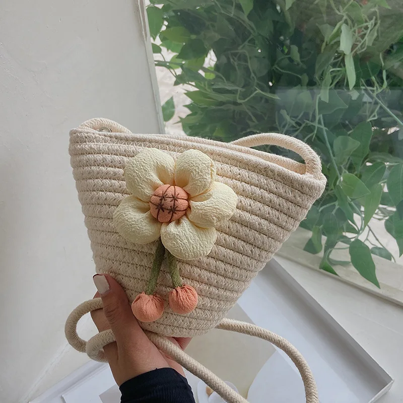 Нова памучен конец тъкани мини кофа Чанти лятна мода цвете на едното рамо чанта дамски почивки торба слама 3
