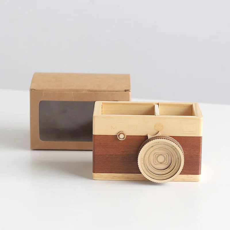 Нов креативен дървен държач за писалка за фотоапарати, Домашен офис маса, индивидуално украса, кутия за съхранение на четки за грим 3
