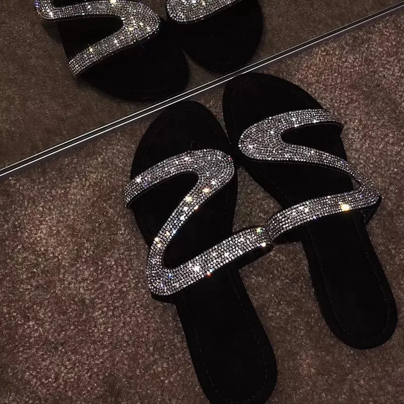 Дамски блестящи чехли с кристали, големи размери, Нескользящие Римски чехли на равна подметка, улични Сандали на равна подметка, Директна доставка от 2021 3